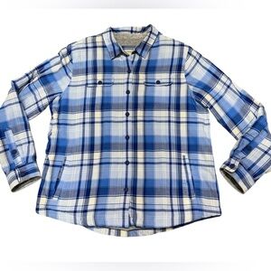 L.L.Bean Mens Flannel Shacket Shirt Jacket Blue Plaid Sherpa Lined Size L Cotton